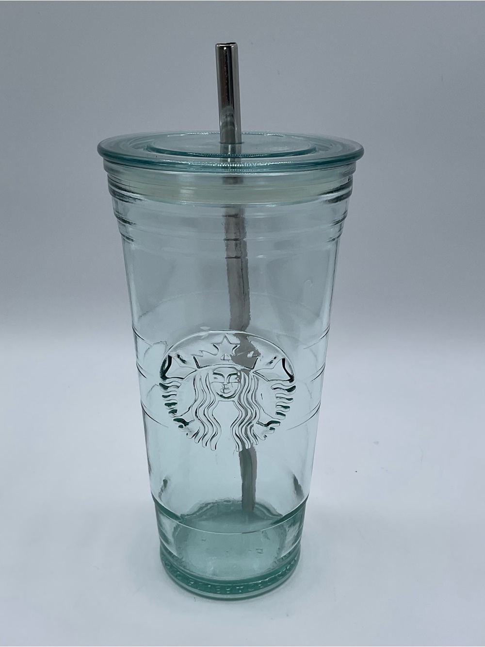 Starbucks 2013 Green Recycled Glass Cold Cup Tumbler 20 oz Siren Lid Straw